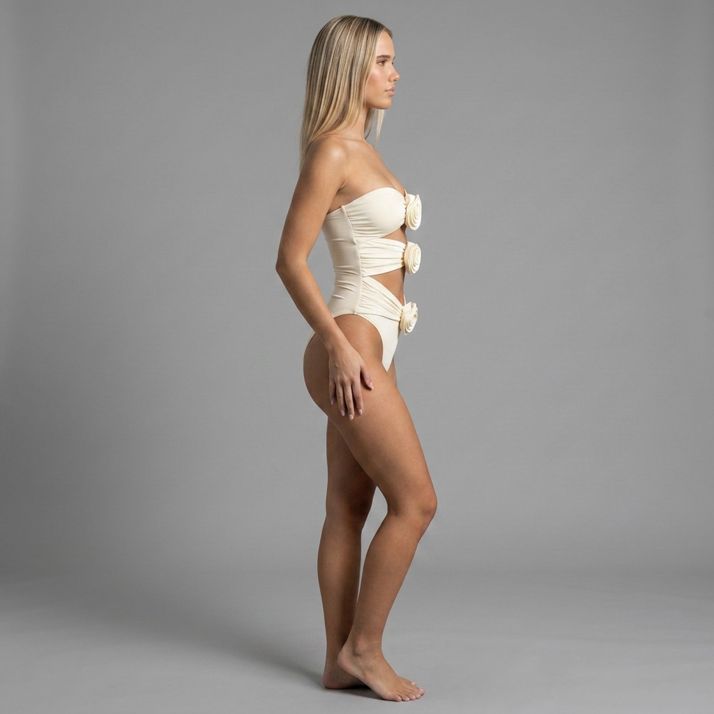 Model trägt den girlzhood Noctura One-Piece Badeanzug in Creme mit Cut-Outs und 3D-Rosen-Details, Seitenansicht.
