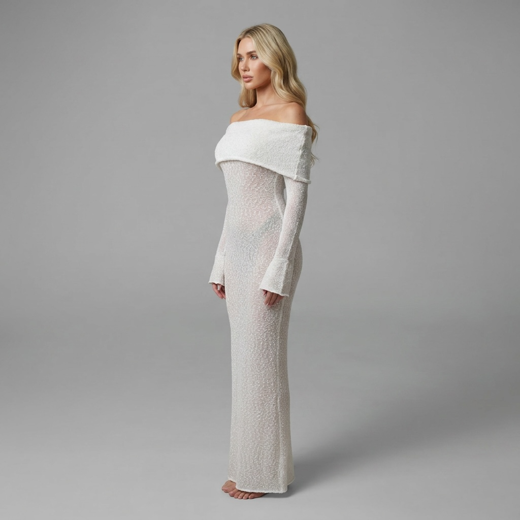 girlzhood Noellea Maxikleid in Weiß aus halbtransparentem Strick mit schulterfreiem Design und langen Ärmeln