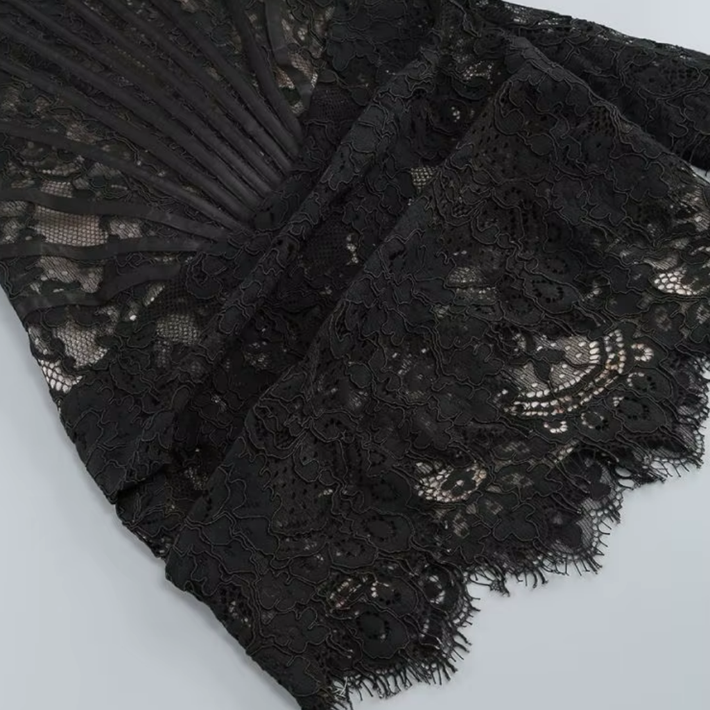 girlzhood Noir Addiction Corsagenkleid aus schwarzer floraler Spitze mit transparenten Details und Corsagenstäben