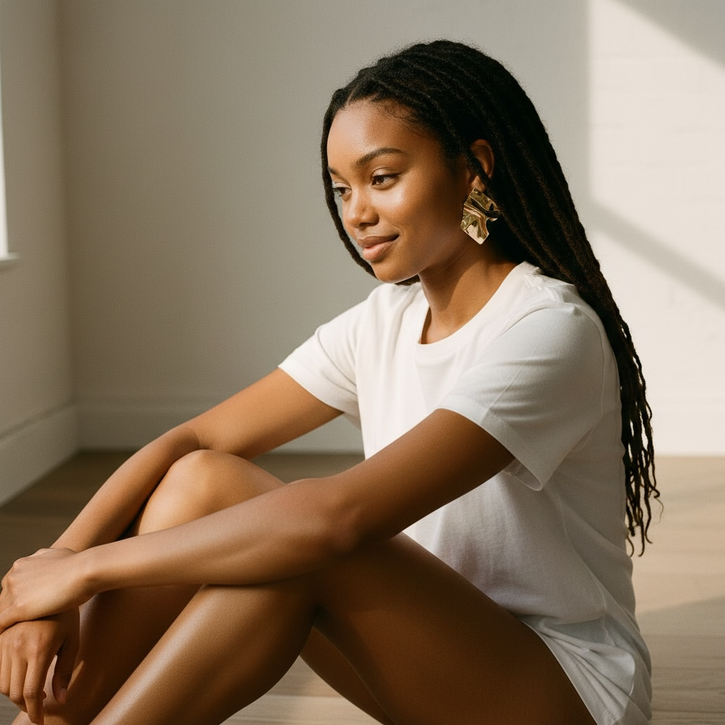 girlzhood Metal Muse Ohrring in Gold mit asymmetrischem Knitter-Design getragen von einer Frau mit Dreadlocks