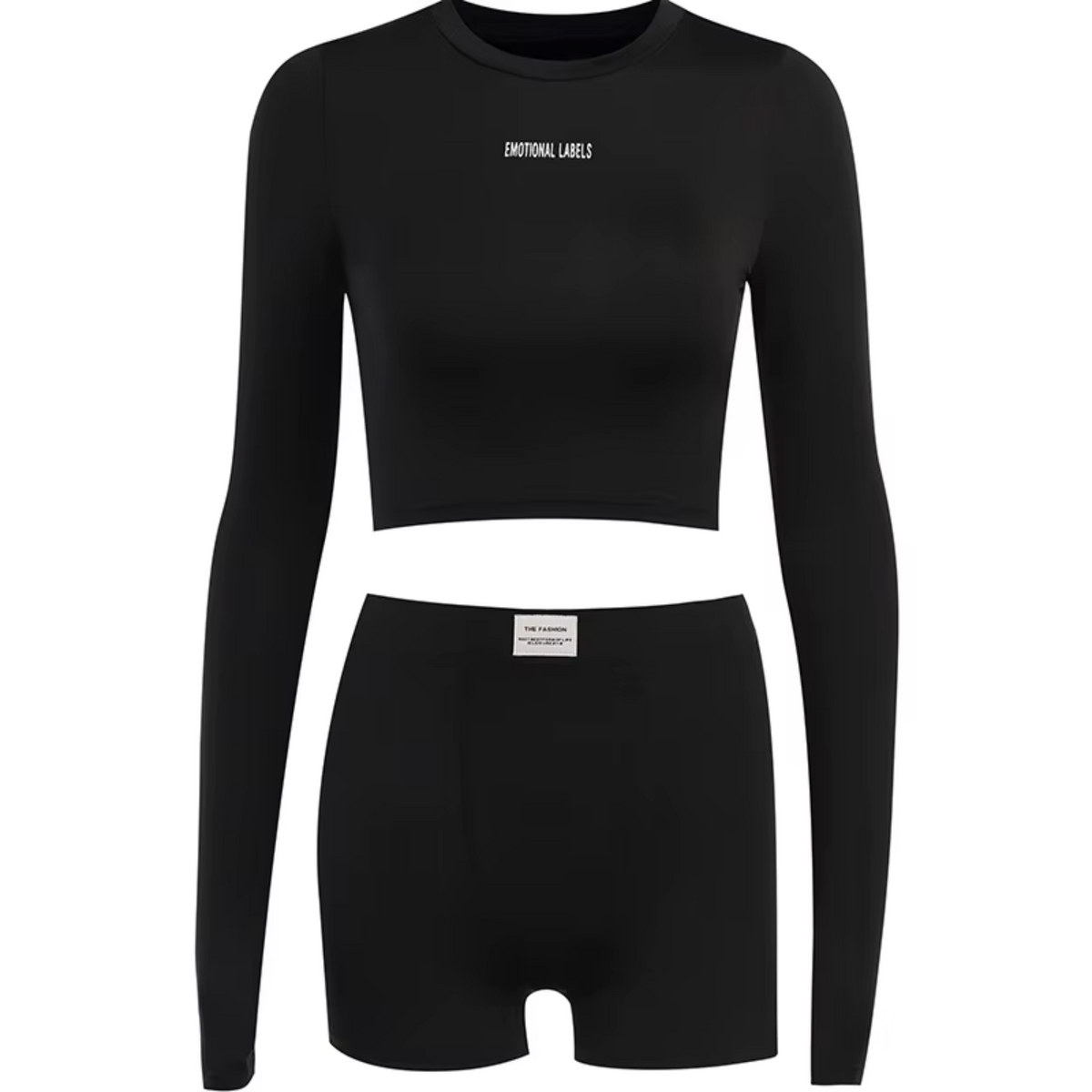 girlzhood Olivienne Set in Schwarz mit Cropped Longsleeve und High Waist Shorts aus elastischem Polyester-Spandex