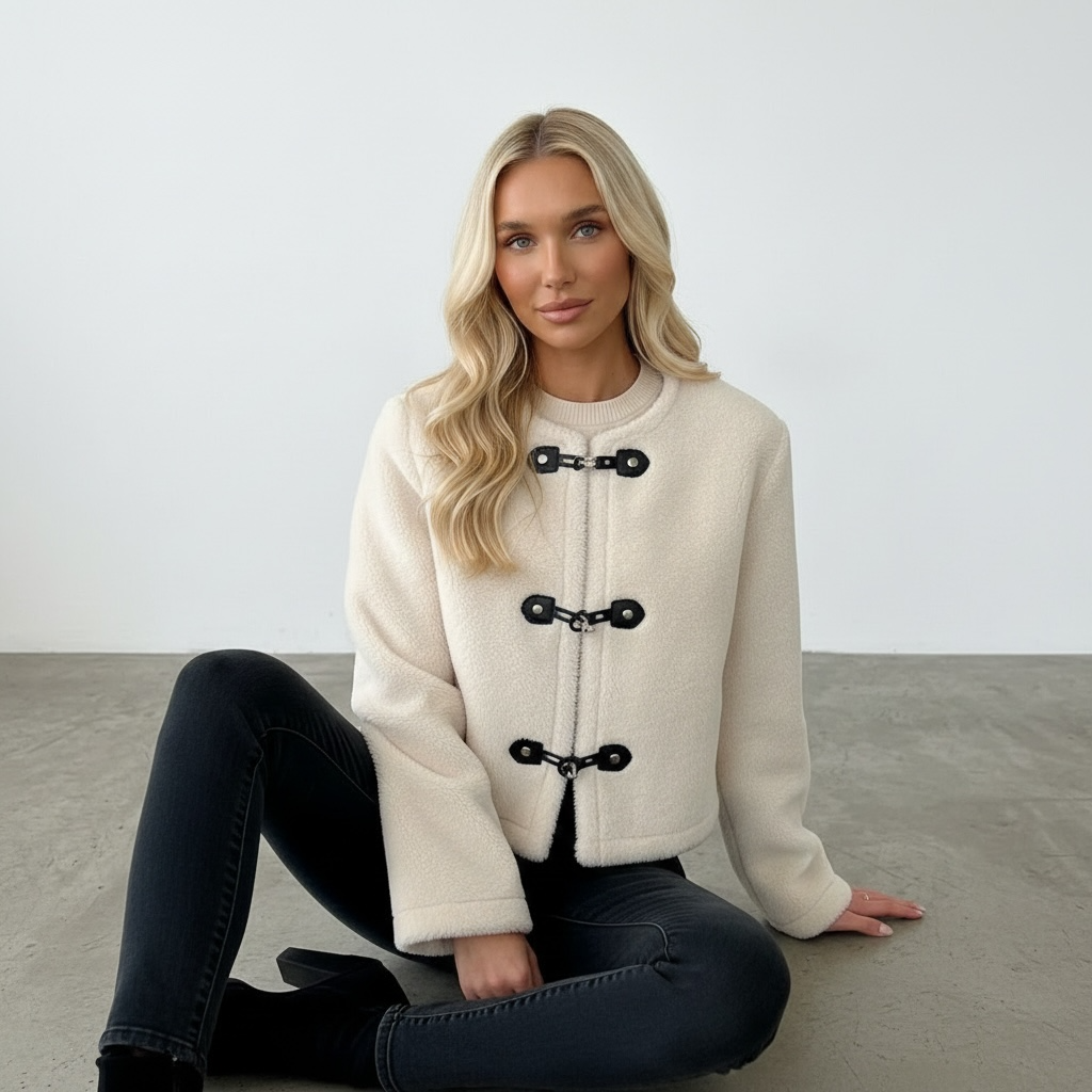girlzhood Orelia Jacke in Creme mit schwarzen Knebelverschlüssen und weicher Textur, getragen von einer blonden Frau