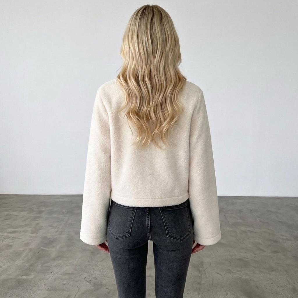 Rückansicht der girlzhood Orelia Jacke in Creme mit weicher Textur und Oversize-Schnitt an einer blonden Frau