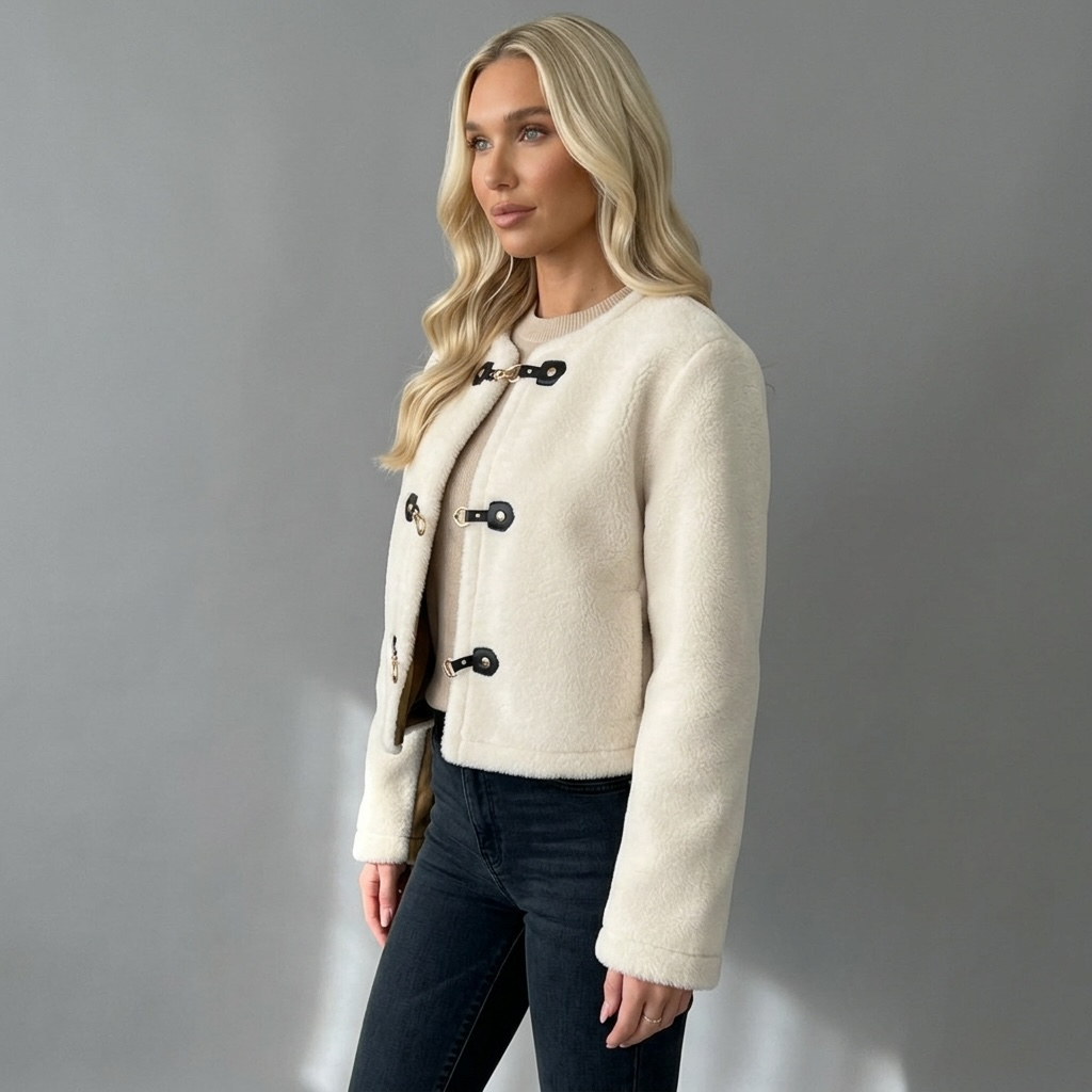 girlzhood Orelia Jacke in Creme mit weicher Textur und schwarzen Statement-Verschlüssen an einem Model
