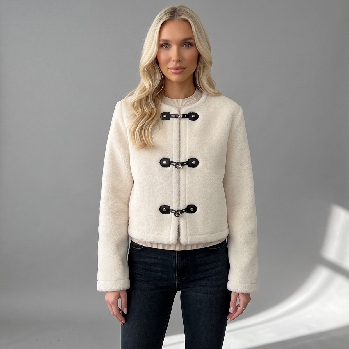 Model trägt die girlzhood Orelia Winterjacke in Creme mit weicher Textur und schwarzen Knebelverschlüssen