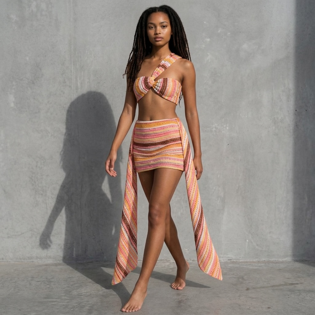 girlzhood Pink Paradise Luxe Set mit One-Shoulder-Top und Minirock in gestreiften Rosé-, Gold- und Brauntönen