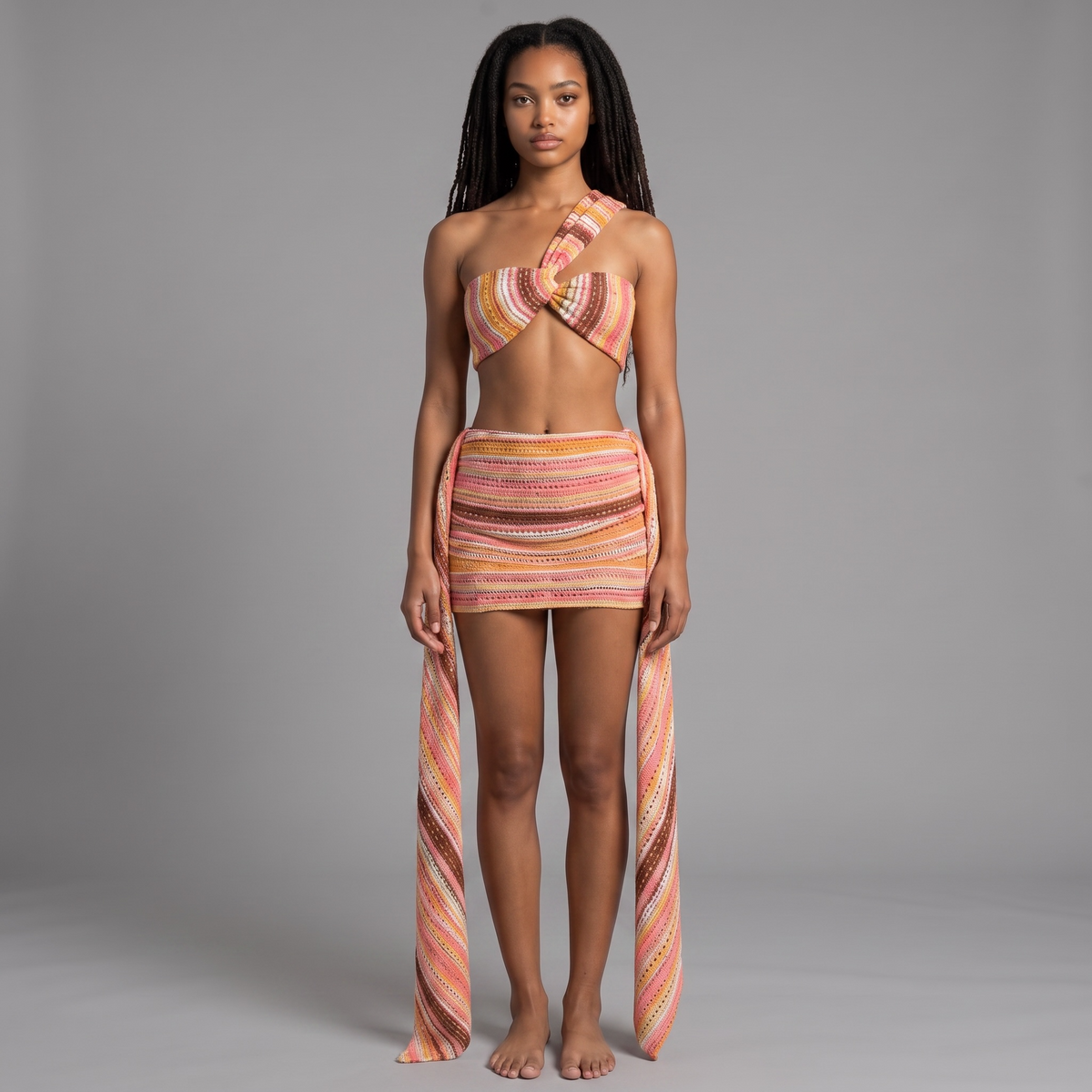 Model trägt das girlzhood Pink Paradise Luxe Set mit One-Shoulder-Top und Minirock in Rosé, Gold und Schokobraun.