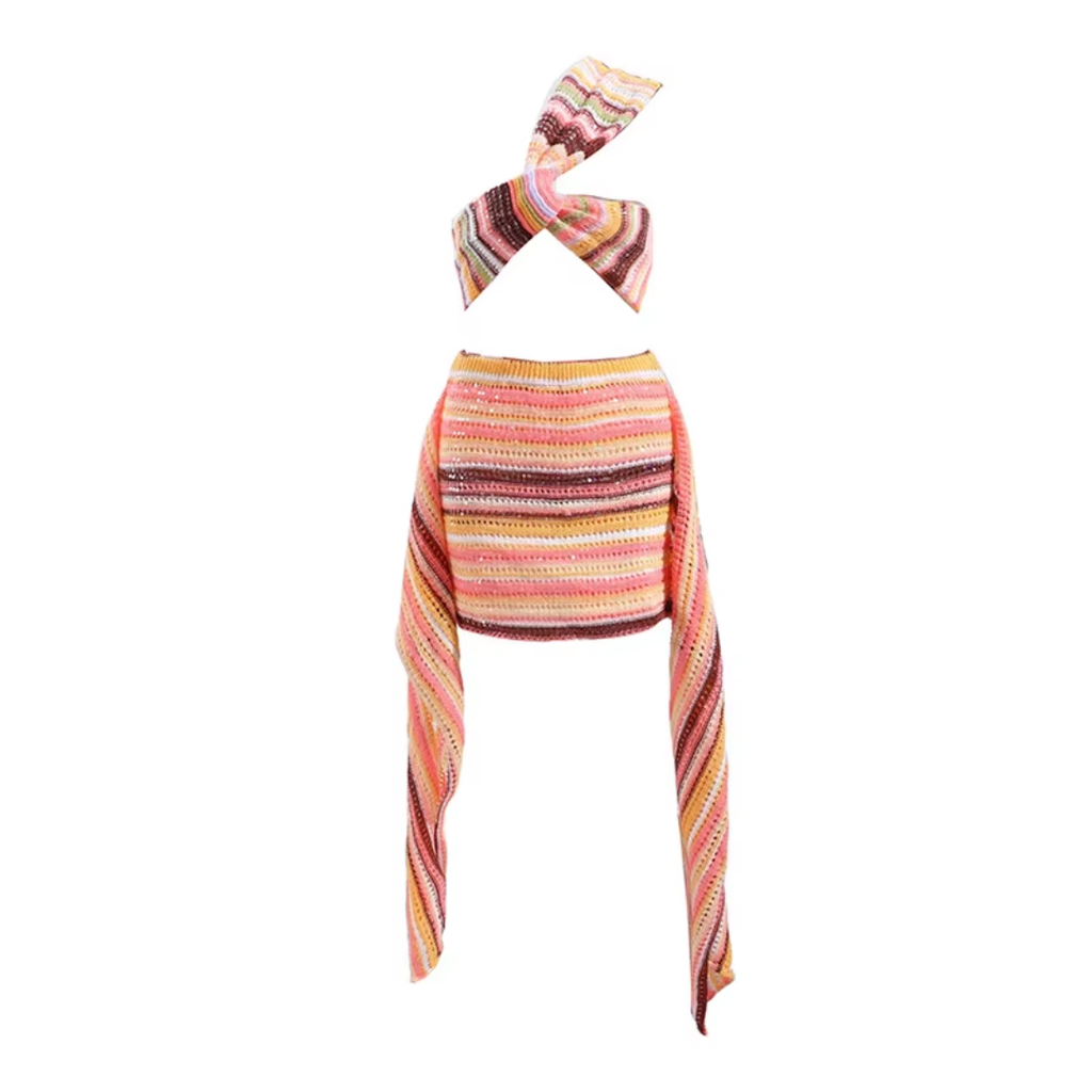 girlzhood Pink Paradise Luxe Set mit One-Shoulder-Top und Minirock aus gestreiftem Paillettenstoff in Rosé und Braun