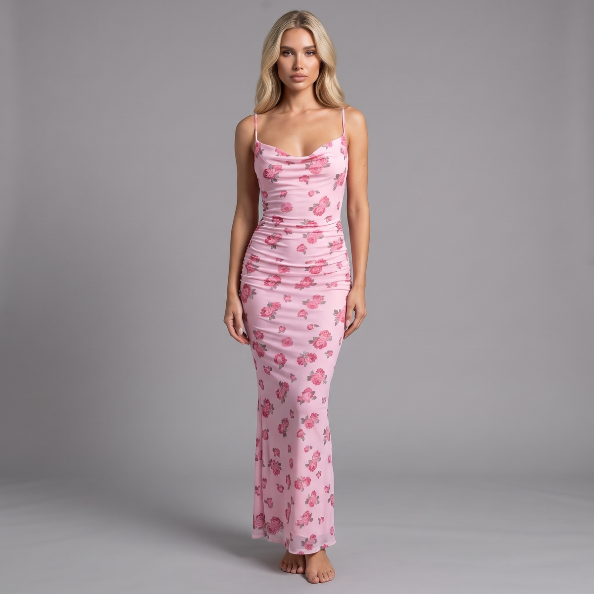 girlzhood Maxikleid Rosé Amour in Rosa mit Rosenprint, Wasserfallausschnitt, Spaghettiträgern und figurbetonter Passform