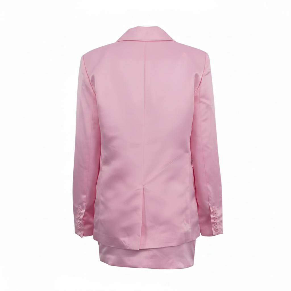 girlzhood Champagne Doll Satin Set in Rosa mit oversized Blazer und Minirock, Rückansicht