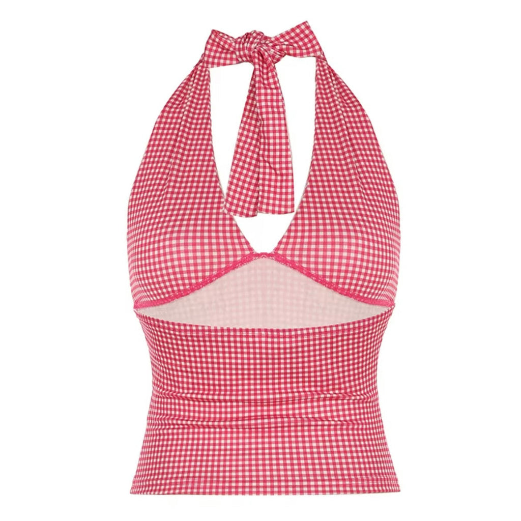 girlzhood Rosé Lilt Halter-Top mit rosa-weißem Gingham-Karomuster, tiefem V-Ausschnitt und geraffter Taille