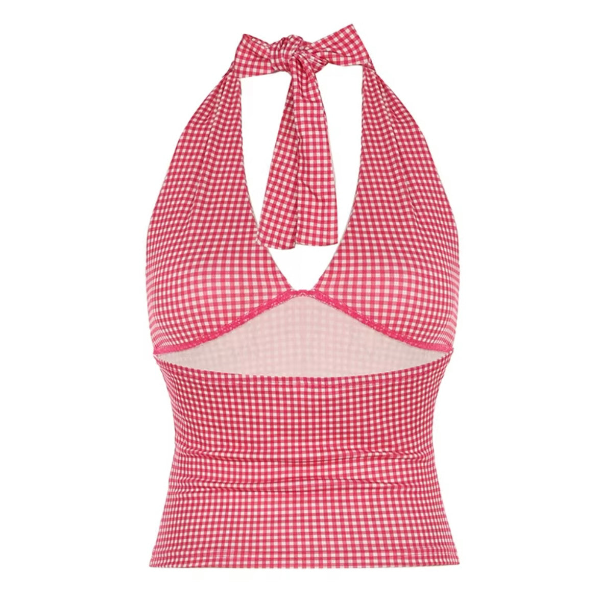 girlzhood Rosé Lilt Halter-Top mit rosa-weißem Gingham-Karomuster, tiefem V-Ausschnitt und geraffter Taille