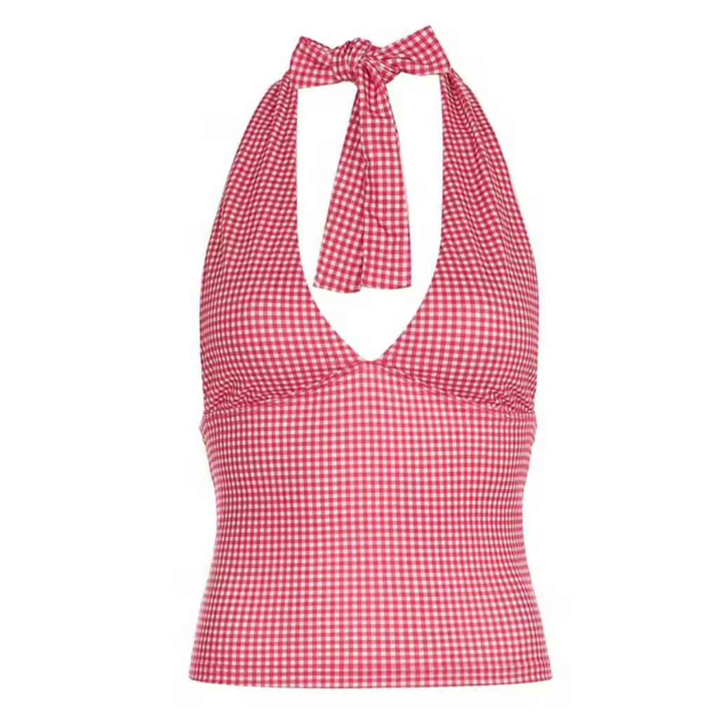 girlzhood Rosé Lilt Halter-Top mit rosa-weißem Gingham-Karomuster, tiefem V-Ausschnitt und Neckholder-Bindung.