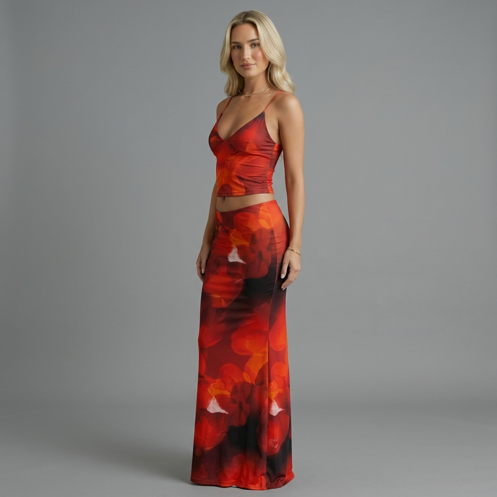 Model trägt das girlzhood Red Shadow Zweiteiler-Set mit rotem Blüten-Print, V-Neck Crop-Top und langem Maxirock.
