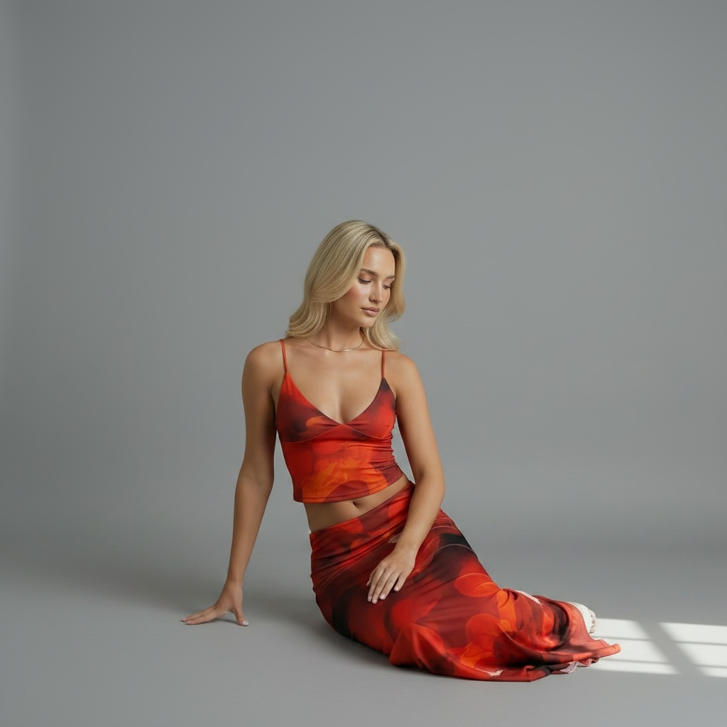 girlzhood Zweiteiler-Set mit rotem Blüten-Print, bestehend aus V-Neck Crop-Top und figurbetontem Maxirock aus Jersey.