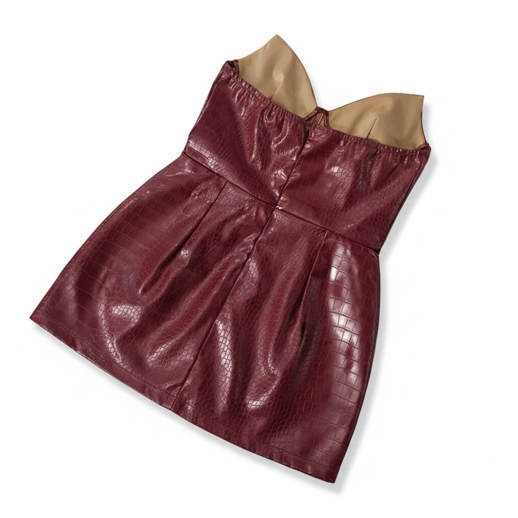 girlzhood Rouge Prestige Minikleid in tiefem Rot mit Kroko-Struktur, trägerloser Corsagen-Schnitt in Kunstleder-Optik