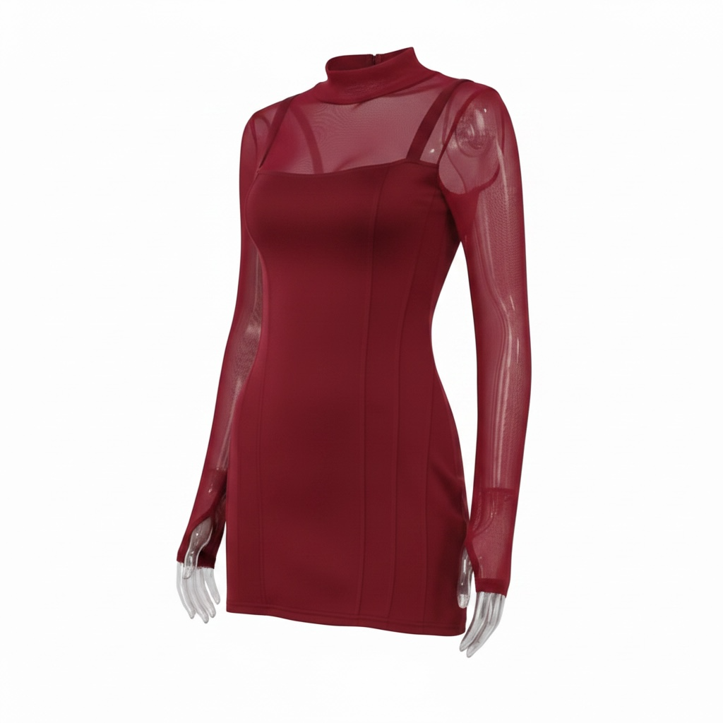 girlzhood Red Desire Minikleid in Bordeaux mit transparenten Mesh-Ärmeln, High-Neck und figurbetontem Bodycon-Schnitt