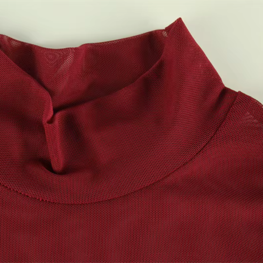 girlzhood Red Desire Minikleid in Bordeaux mit transparentem Mesh-Material und elegantem High-Neck-Ausschnitt