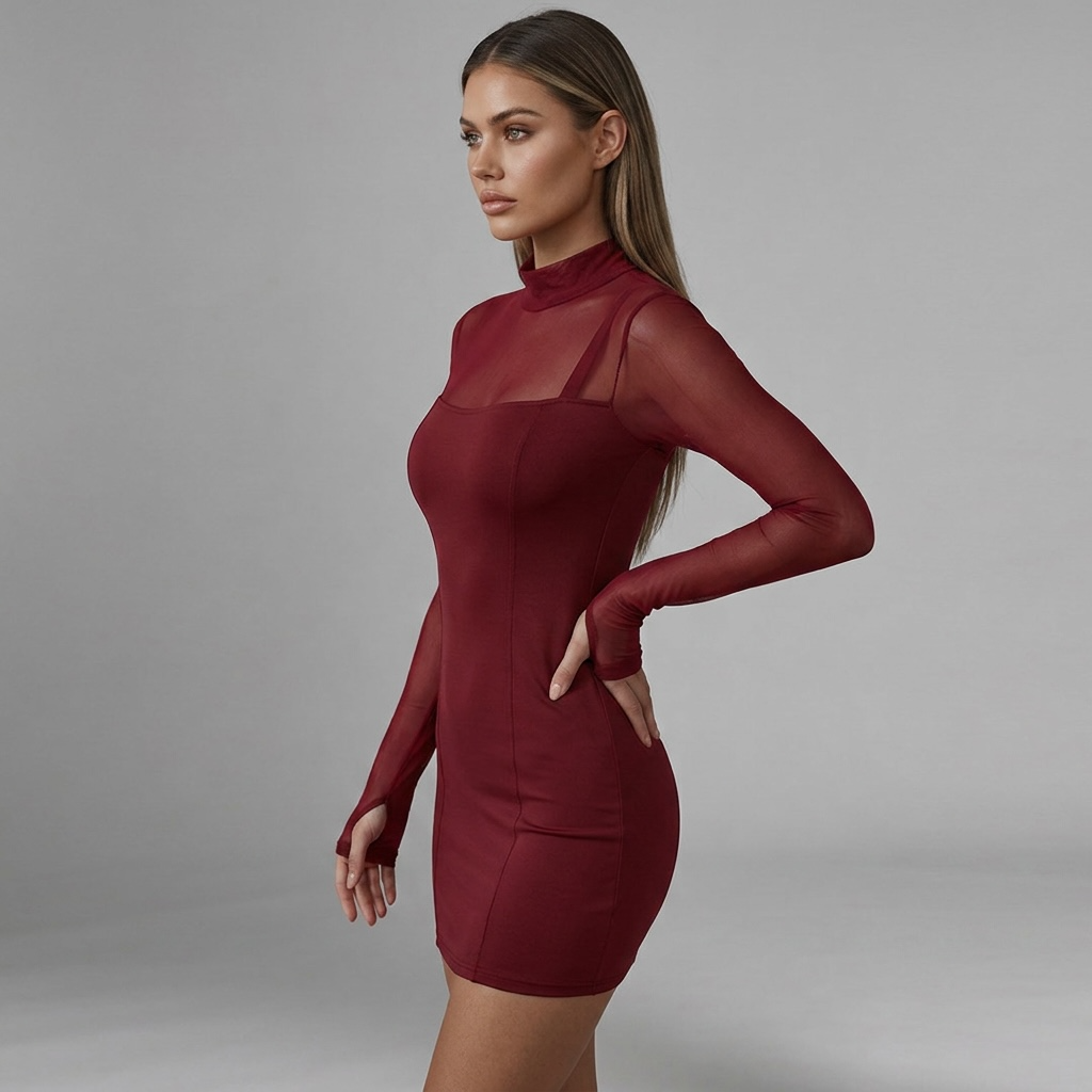 girlzhood Red Desire Minikleid in Bordeaux mit transparenten Mesh-Ärmeln, High-Neck und figurbetontem Schnitt