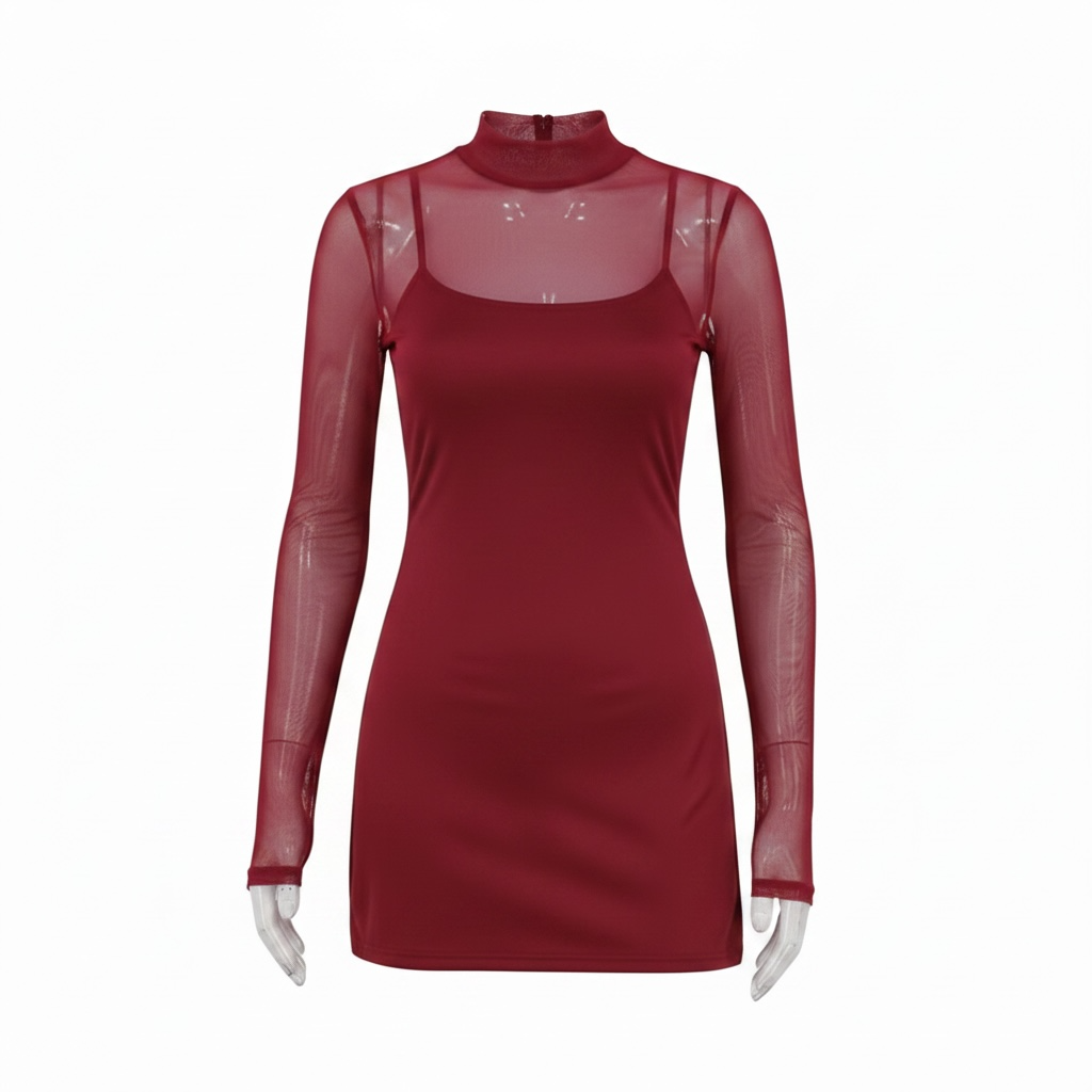 girlzhood Red Desire Minikleid in Bordeaux mit transparenten Mesh-Ärmeln, High-Neck und figurbetontem Bodycon-Schnitt