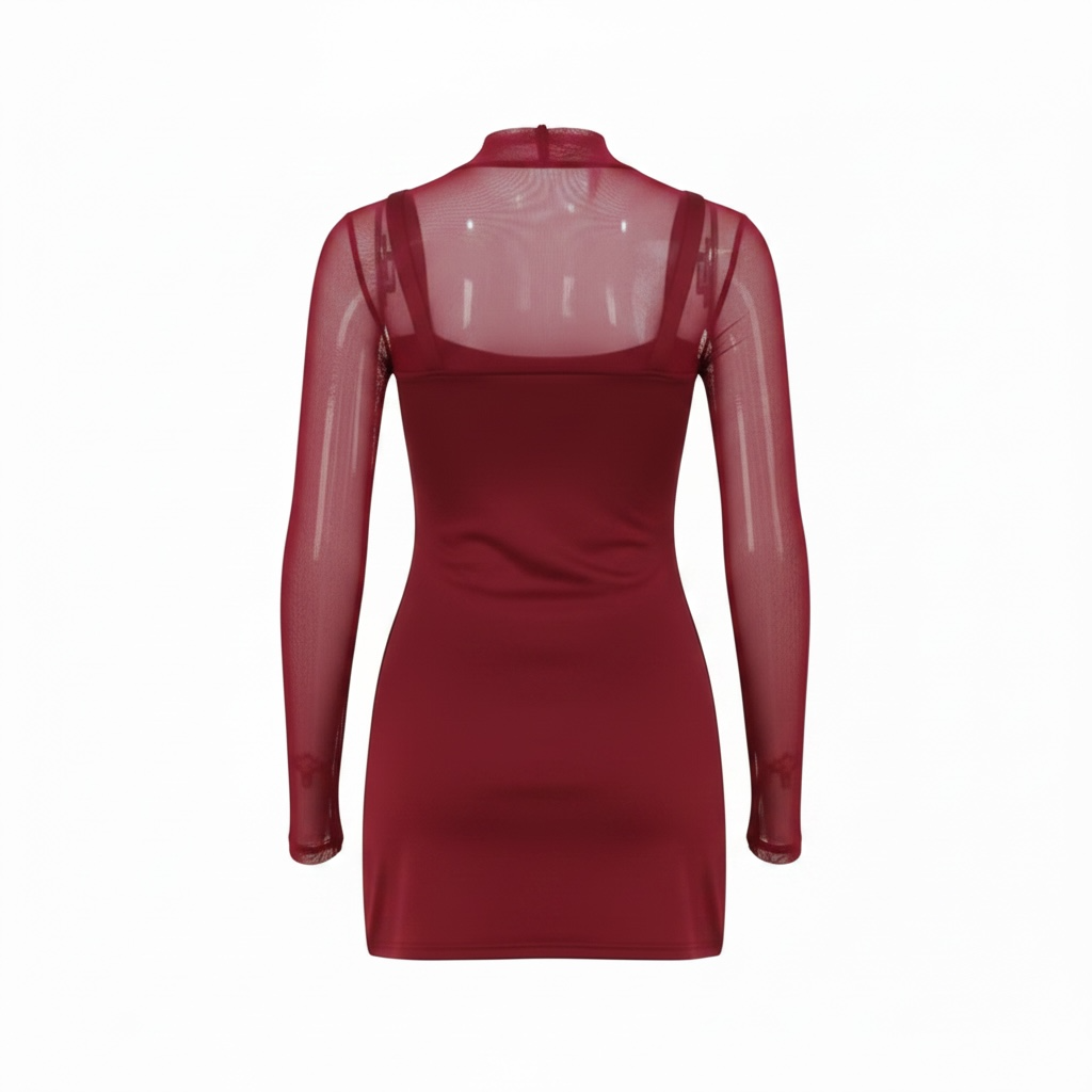 Rückansicht des girlzhood Red Desire Minikleids in Bordeaux mit transparenten Mesh-Ärmeln und High-Neck-Ausschnitt