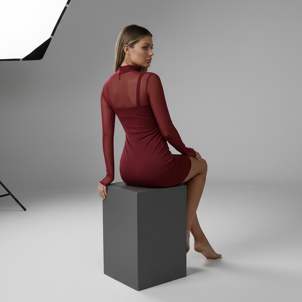 Model sitzt auf einem grauen Würfel im bordeauxroten girlzhood Mesh-Minikleid mit langen Ärmeln und High-Neck-Ausschnitt
