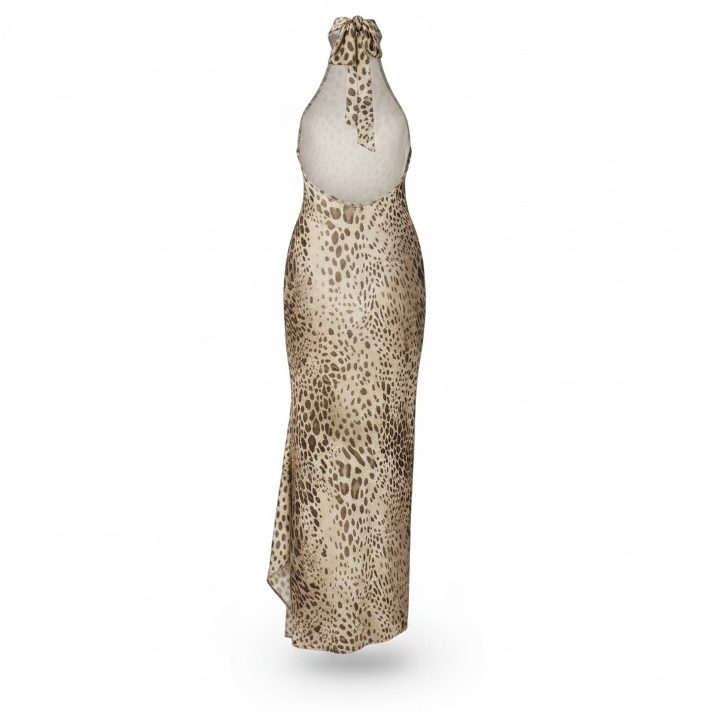 girlzhood Savage Muse Maxikleid mit Leopard-Print, Neckholder-Ausschnitt und tiefem, offenem Rücken in figurbetonter Passform