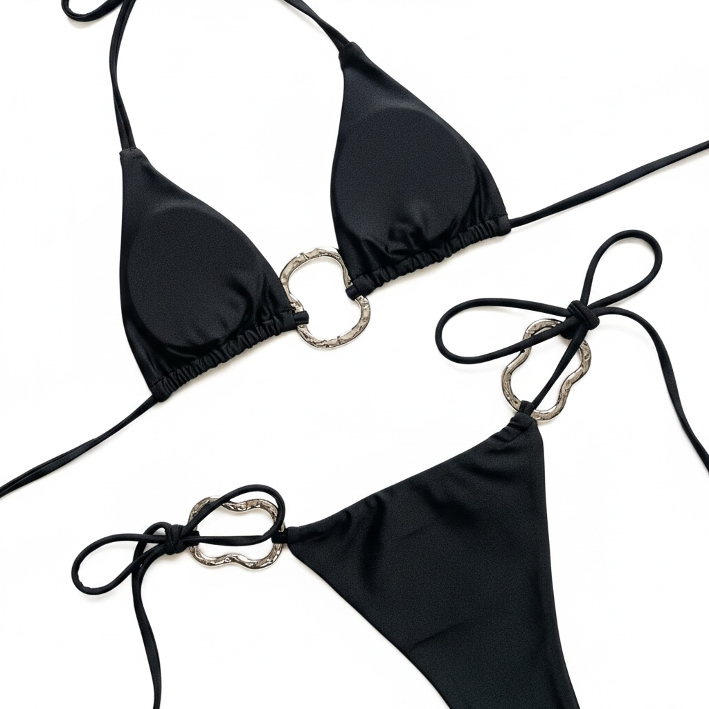 Schwarzes girlzhood Bikini Set Eloré mit Triangel-Top, seitlich gebundener Hose und luxuriösen Goldring-Details.