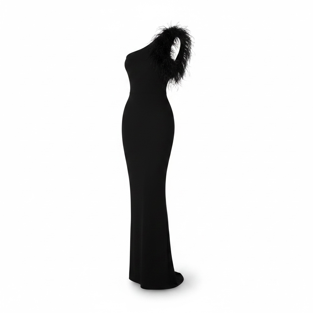 Schwarzes girlzhood Maxikleid Perlina mit One-Shoulder-Design und luxuriösen Federn an der Schulter