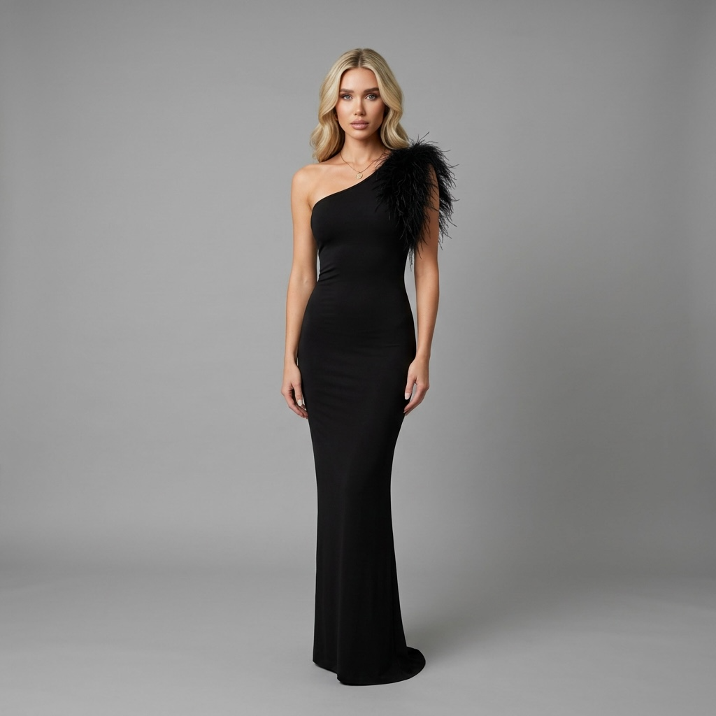 Model trägt ein schwarzes girlzhood Maxikleid Perlina mit One-Shoulder-Design und eleganten Federn an der Schulter.
