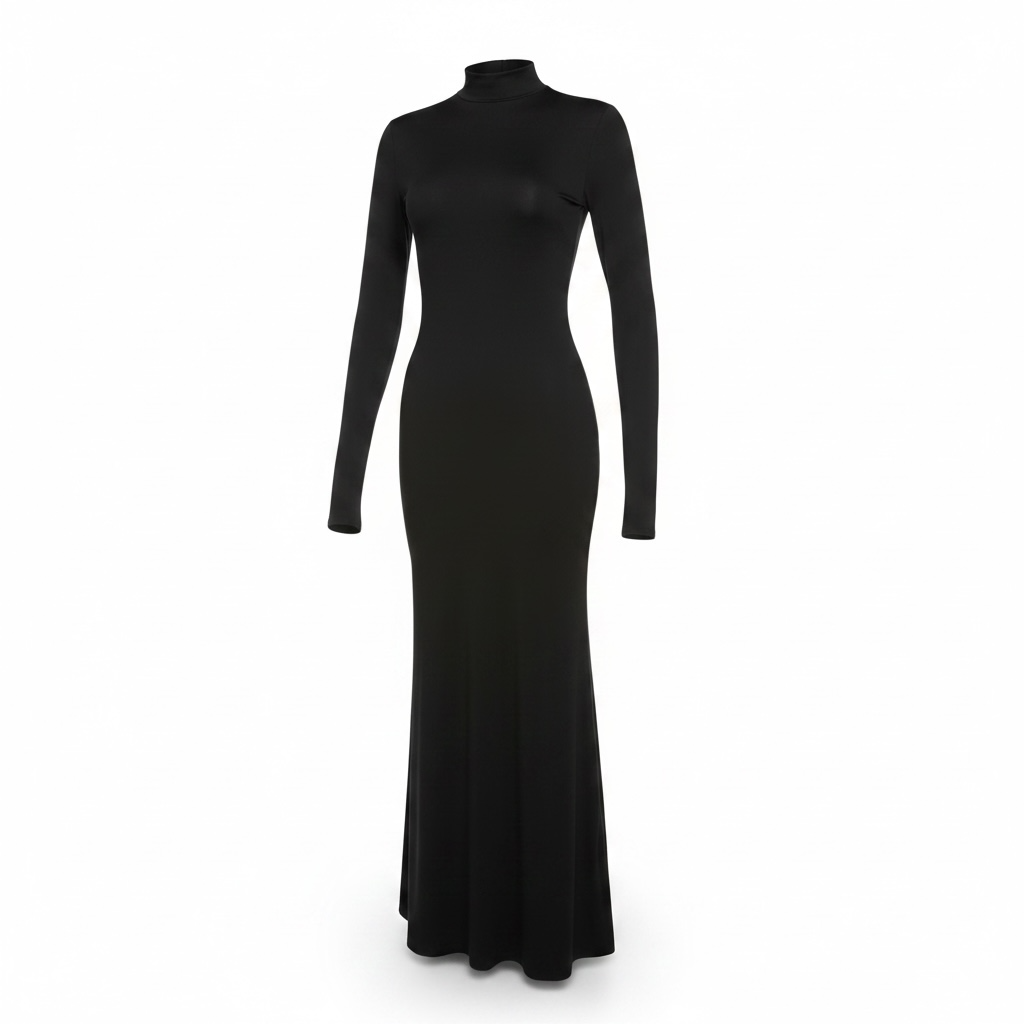 girlzhood Maxikleid Quintara in Schwarz mit Stehkragen, langen Ärmeln und figurbetontem, elegantem Schnitt.
