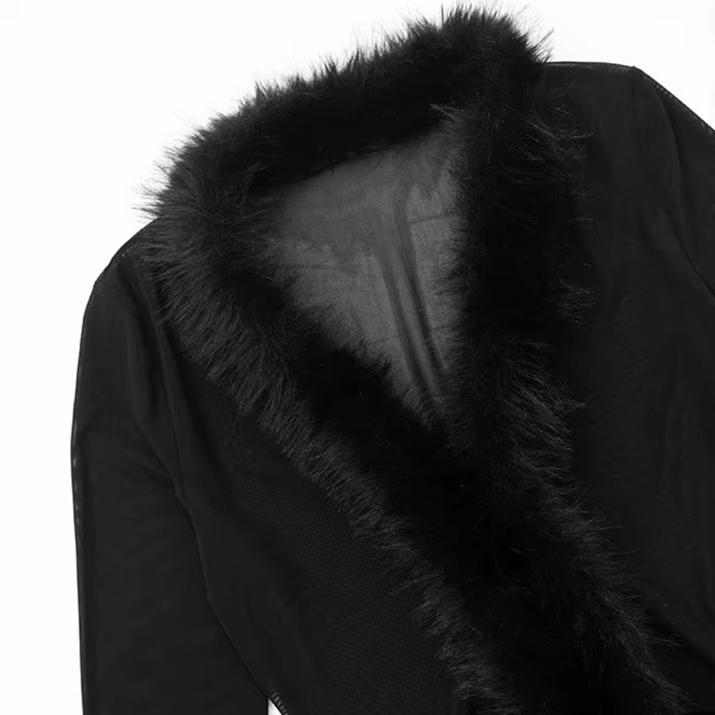 girlzhood Black Luxe Mesh-Oberteil in Schwarz mit transparentem Mesh-Stoff und elegantem Besatz in Felloptik