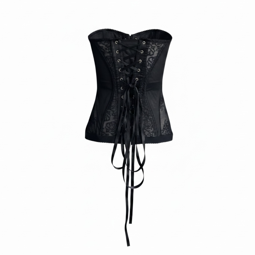 girlzhood Midnight Desire Korsett-Top in Schwarz mit transparenter Spitze, Satin-Details und Rückenschnürung