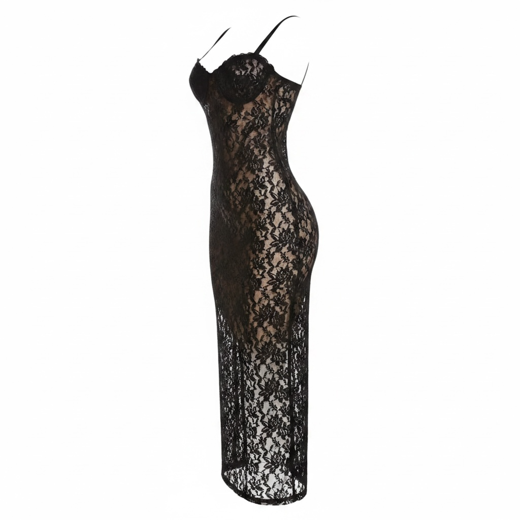 girlzhood Femme Fatality Maxikleid in Schwarz aus floraler Spitze mit Spaghettiträgern und figurbetonter Silhouette