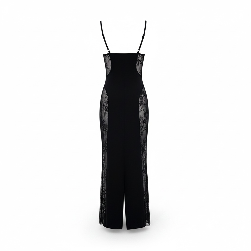 girlzhood Black Velvet Empire Maxikleid in Schwarz mit transparenten Spitzeneinsätzen an den Seiten und Spaghettiträgern