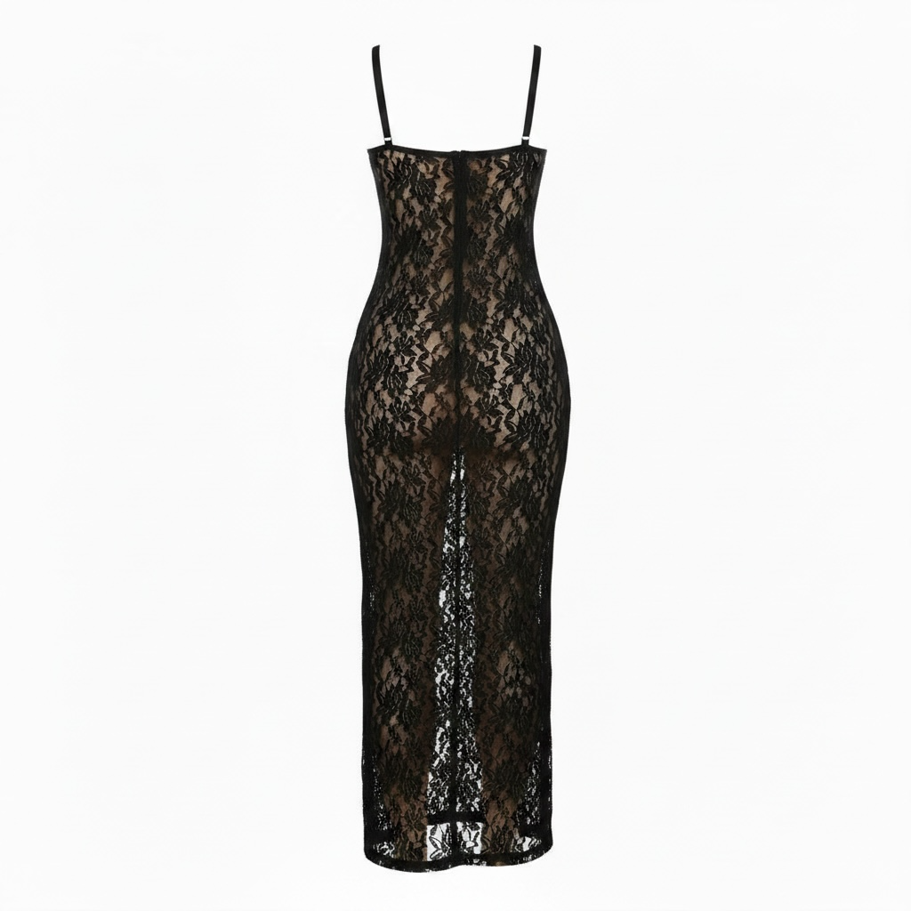 girlzhood Femme Fatality Maxikleid aus schwarzer floraler Spitze mit Spaghettiträgern und transparenter Optik