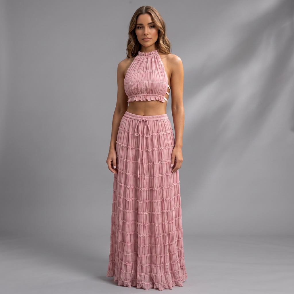 girlzhood Set Bravina in Altrosa mit Halterneck-Top und langem, mehrlagigem Maxirock mit Rüschen-Details
