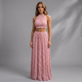 girlzhood Set Bravina in Altrosa mit Halterneck-Top und langem, mehrlagigem Maxirock mit Rüschen-Details