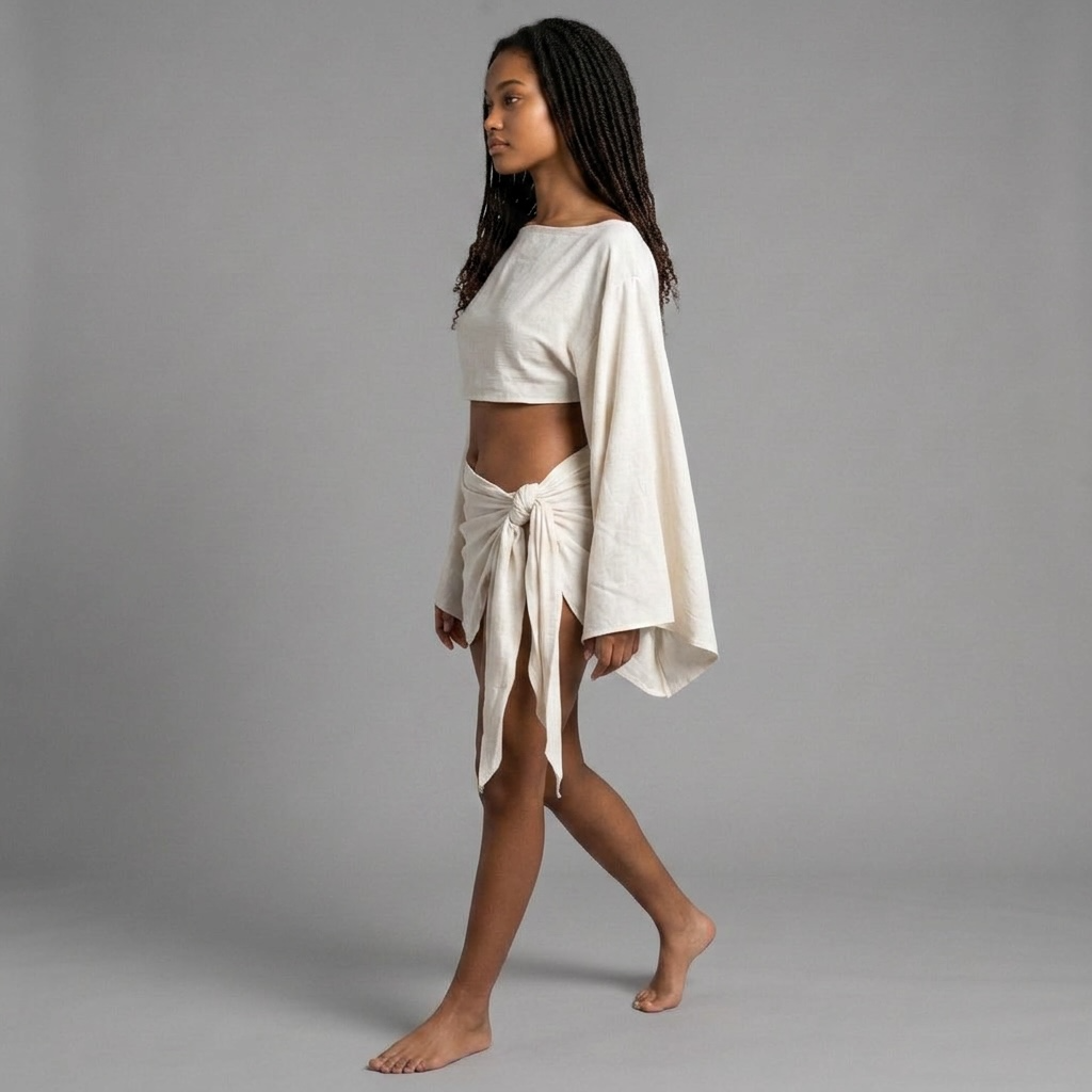 Model trägt das girlzhood Set Thaloria in Beige mit Fledermausärmeln und asymmetrischem Wickelrock im Boho-Stil