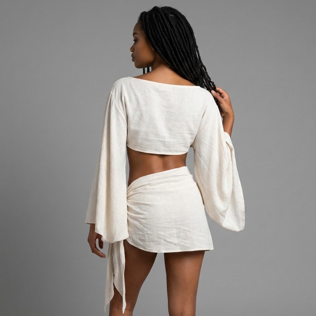girlzhood Set Thaloria in Creme mit Fledermausärmeln und Wickelrock im Boho-Stil an einem Model von hinten