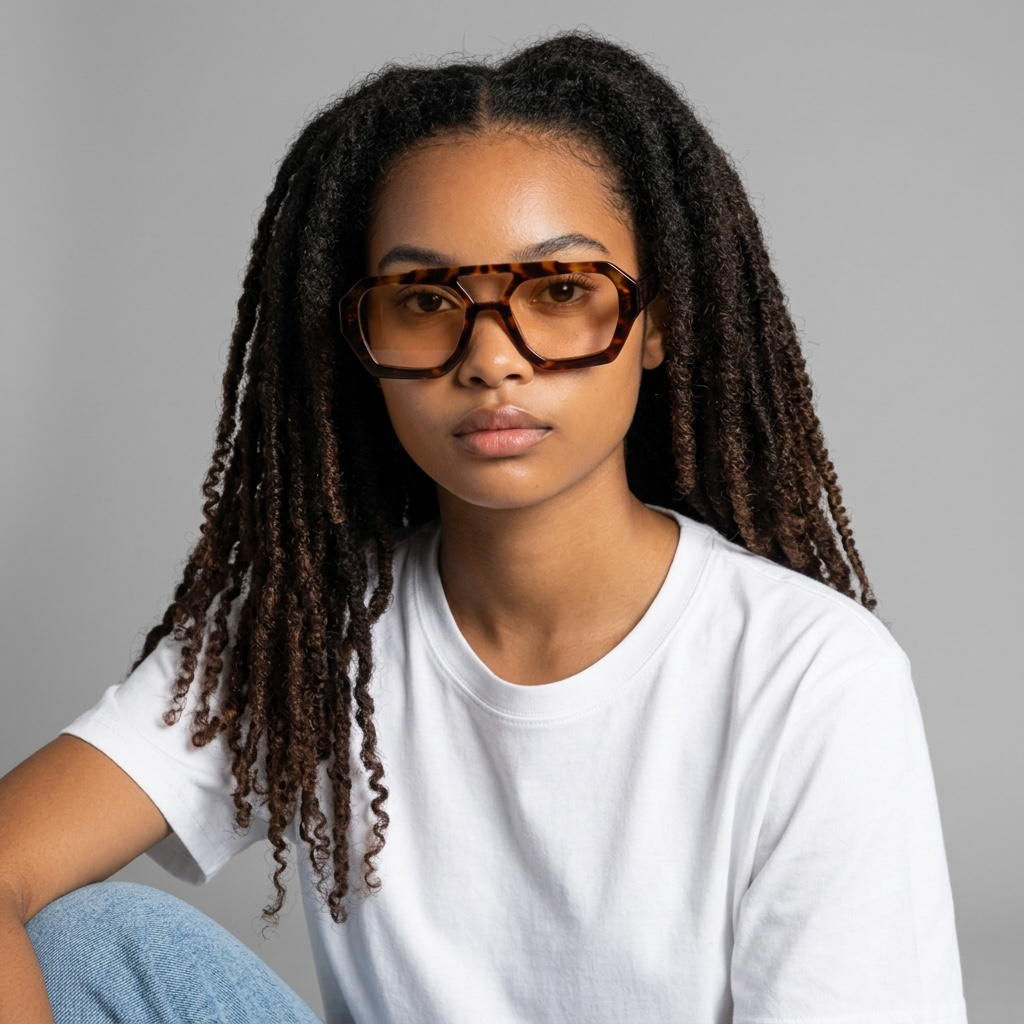 girlzhood Shady Babe Sonnenbrille mit eckigem Rahmen in Tortoise-Optik und getönten Gläsern an einer jungen Frau
