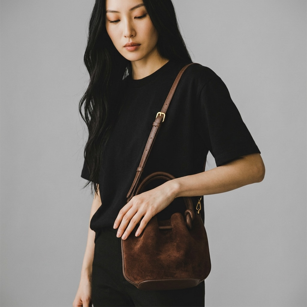 Model trägt girlzhood Sienna Suede Handtasche in Dunkelbraun mit Knoten-Details und verstellbarem Schulterriemen