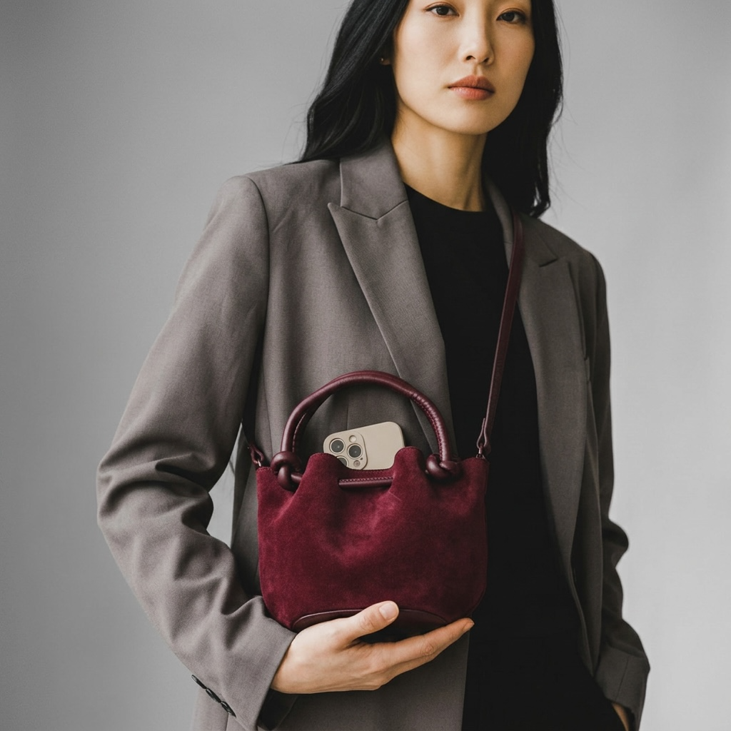 girlzhood Sienna Suede Handtasche in Dunkelrot mit Knoten-Details, getragen von einer Frau im grauen Blazer.