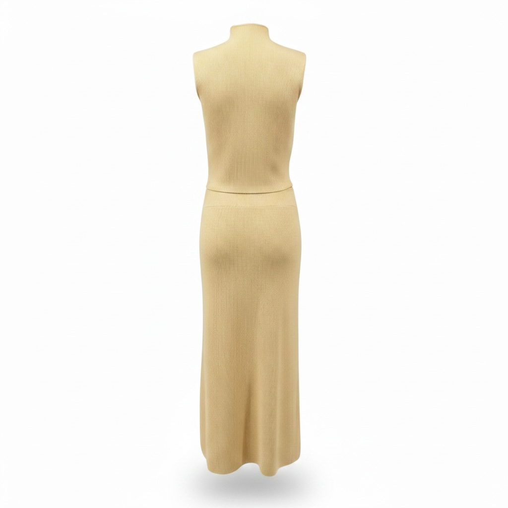 Rückansicht des girlzhood Soft Power Rib Sets in Creme mit ärmellosem High-Neck-Top und langem Rippenstrickrock