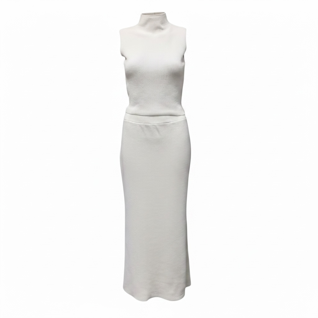 girlzhood Soft Power Rib Set in Creme bestehend aus ärmellosem High-Neck-Top und Midirock aus feinem Rippenstrick