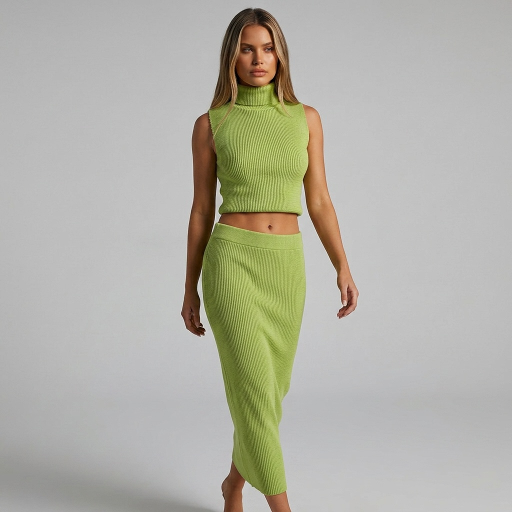 Model trägt das girlzhood Soft Power Rib Set in Lime-Green, bestehend aus ärmellosem High-Neck-Top und Midirock.