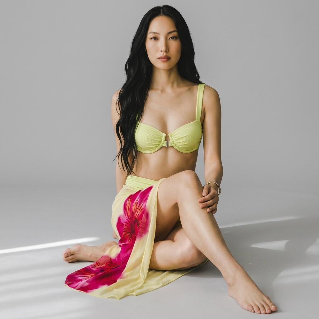 Model trägt girlzhood Solbloom Bikini-Set in Gelb mit Hibiskus-Print und Maxirock, sitzend vor grauem Hintergrund.