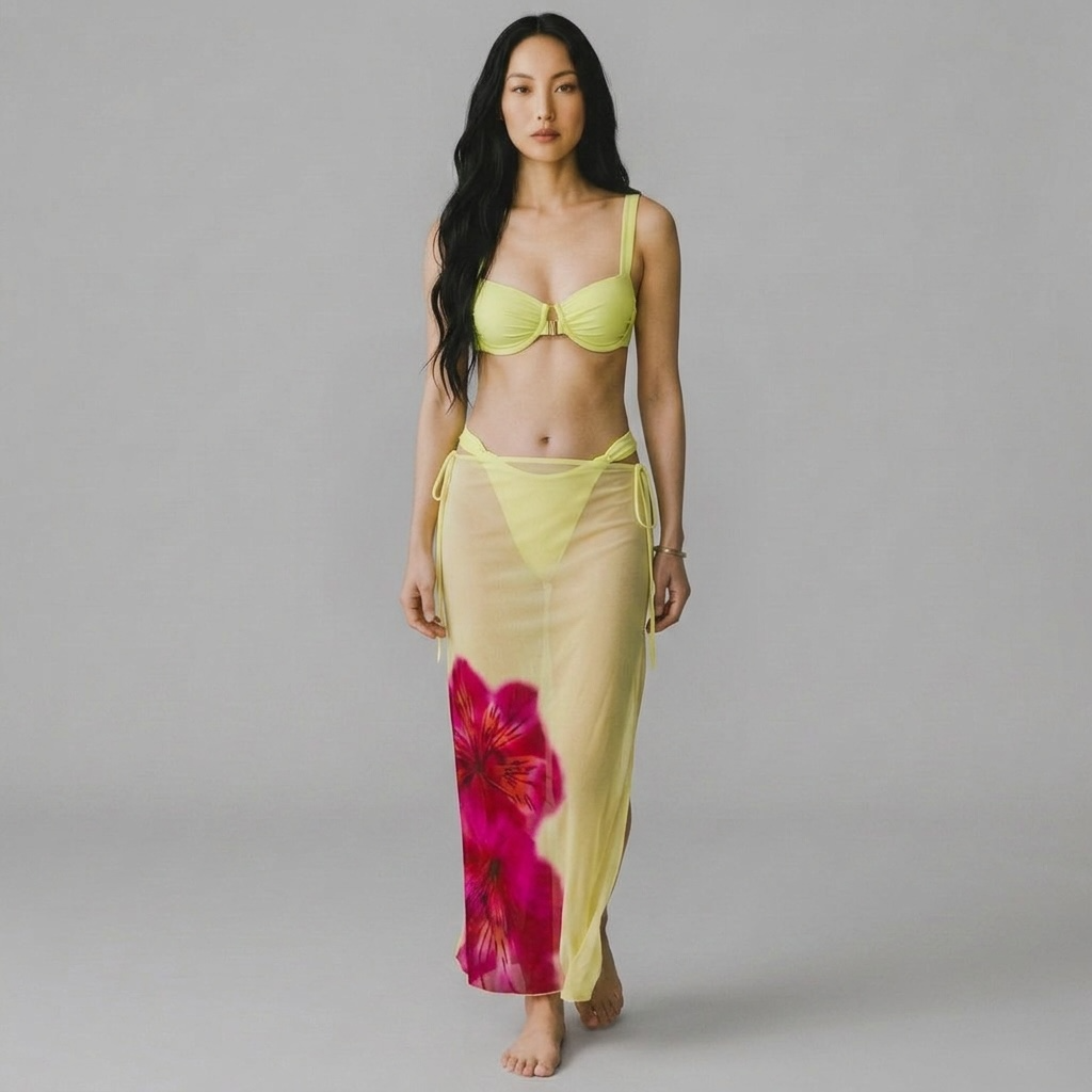 girlzhood Solbloom Set mit gelbem Bikini-Top und semi-transparentem Maxirock mit Hibiskus-Blumenmuster