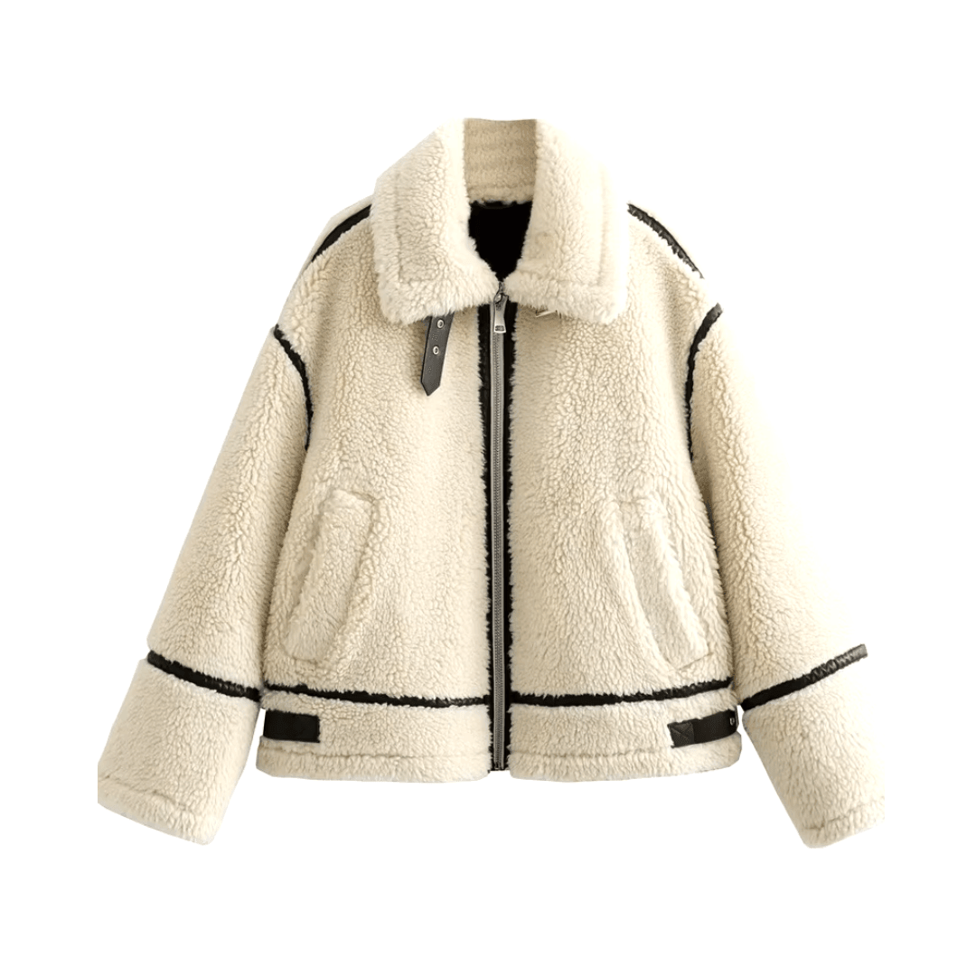 girlzhood Teddy-Jacke Grimelle in Creme mit schwarzem Kontrastbesatz im Oversized-Aviator-Stil