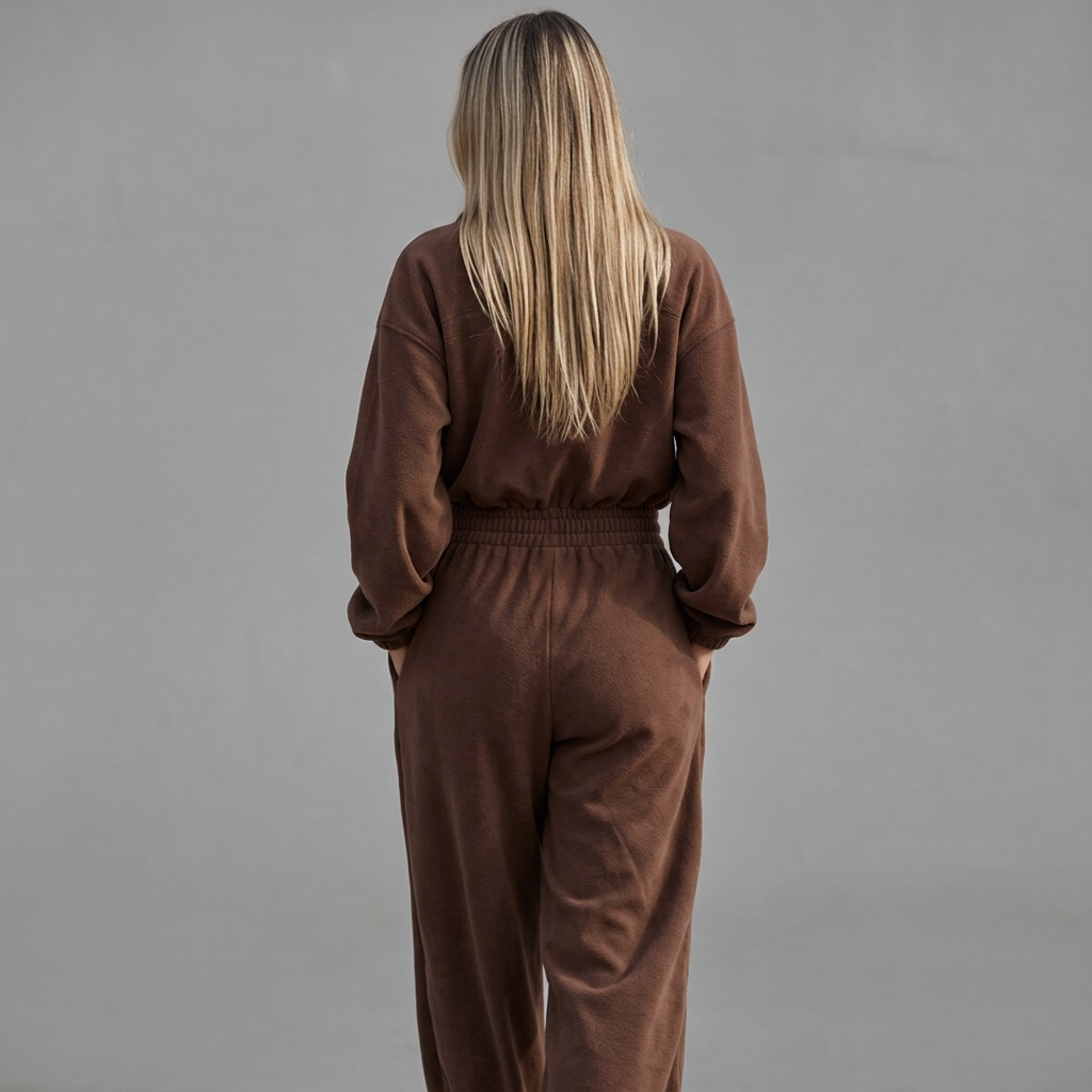 Rückansicht eines braunen girlzhood Urban Silence Jumpsuits aus weichem Material mit elastischem Bund